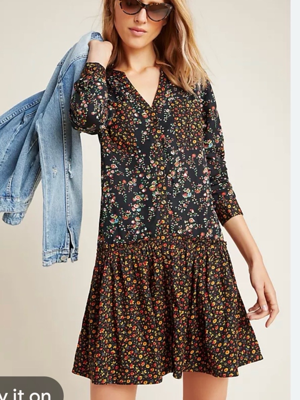 Maeve Anthropologie Marlie Black Floral V-Neck Tiered Long-Sleeve Dress